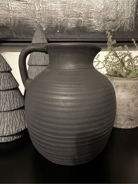 Matte Black Ribbed Heavy Pitcher Vase